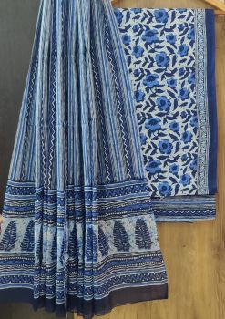 Grey Blue Printed Suit With Flower Design Dupatta