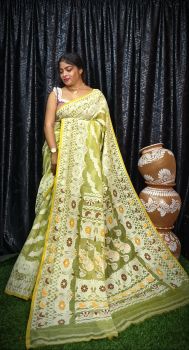 Olive Green Pure Handloom Jamdani Saree From Bengal