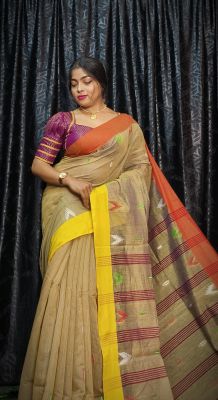 Brown Pure Handloom Silk Cotton Saree From Bengal