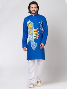 Blue Pure Handloom Katha Stitch Kurta From Bengal