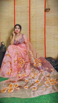 Light Peach Hand Printed Pure Handloom Organza Saree