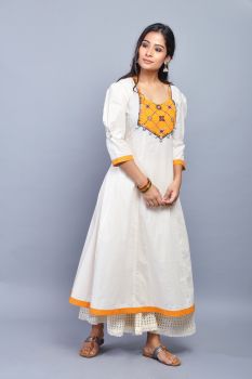 Ivory-Yellow Hand Embroidered Cotton Kurta