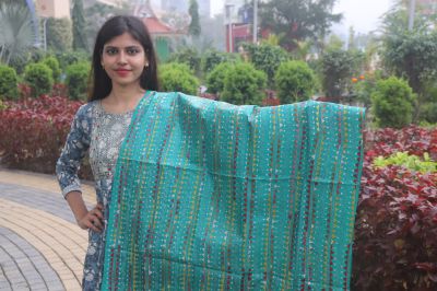 Sky Blue Katha stitch Pure Handloom Dupatta From Bengal