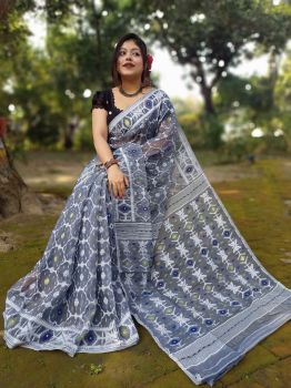 Gray Pure Handloom Dhakai Jamdani Saree From Bengal