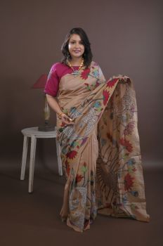 Biscuit Brown Pure Handloom Tussar Silk Katha Stitch Saree From Bengal