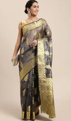 Charcoal Gray Pure Handloom Silk Saree From Banaras