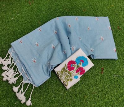 Sky Blue Pure Handloom Cotton Saree From Bengal