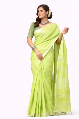 Mint Green Women's Graceful Pure Linen Saree–Traditional Handloom