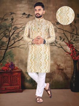 Men Albescent White Lakhnavi Zig Zag Work kurta