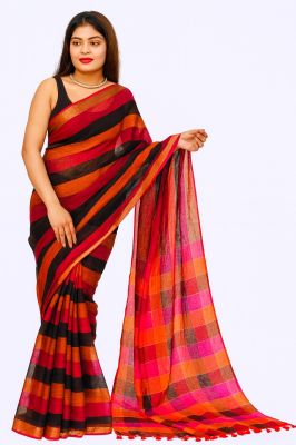 Black Orange Linen By Linen Pure Handloom Saree From Bengal