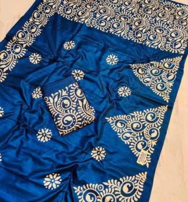 Navy Blue Pure Handloom Silk Cotton Saree From Bengal