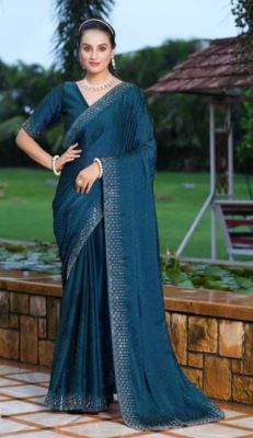 Teal Pure Handloom Georgette Saree From Banaras