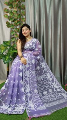 Lavender Pure Handloom Dhakai Jamdani Saree From Bengal