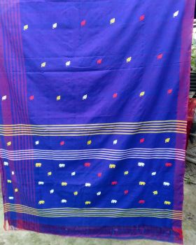 Royal Blue Butta Pure Cotton Saree From Assam