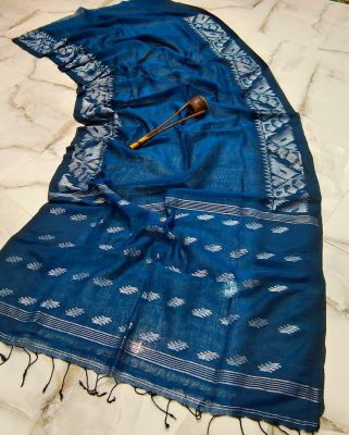 Navy Blue Pure Handloom Linen By Linen Saree From Bengal