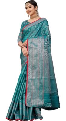 Dark Aquamarine Pure Handloom Banarasi Silk Saree From Banaras