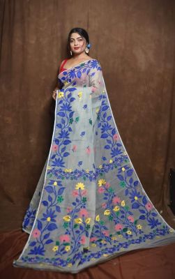 Gray Pure Handloom Dhakai Jamdani Saree From Bengal