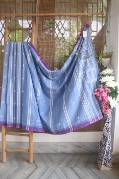 Sky Blue Butta Pure Cotton Saree From Assam