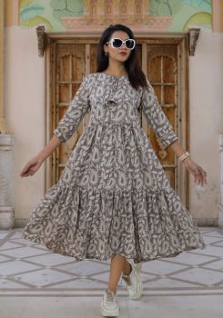 Brown Bagru Hand Block Printed Cotton Frill One Piece From Rajasthan
