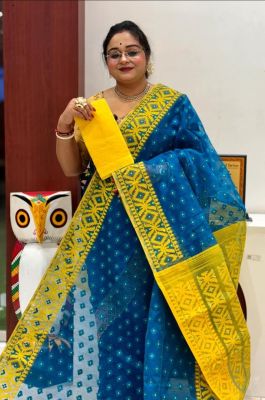 Teal Yellow Pure Handloom Dhakai Jamdani Saree From Bengal