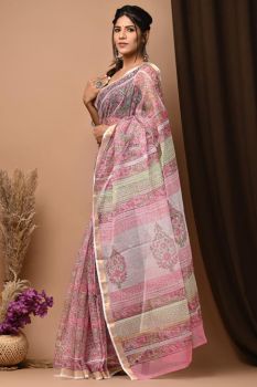 Dusty Rose Hand Block Kota Doriya Printed Leaf Design Saree