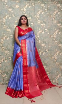 Light Blue Pure Handloom Muga Silk Saree From Bengal