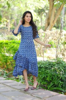Royal Blue Pure Cotton Hand Block Printed One Piece