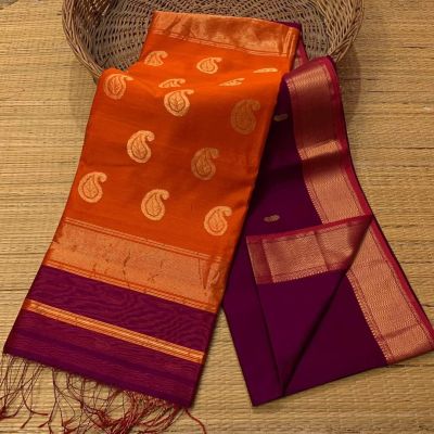 Red Purple Pure Handloom Meheshwari Silk Cotton Saree From Bengal