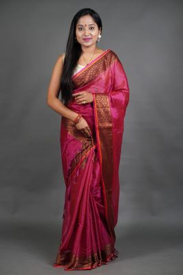 Persian Red Pure Handloom Tissue Silk Saree From Bengal