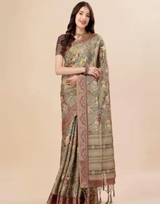 Gray Pure Handloom Silk Cotton Saree From Banaras