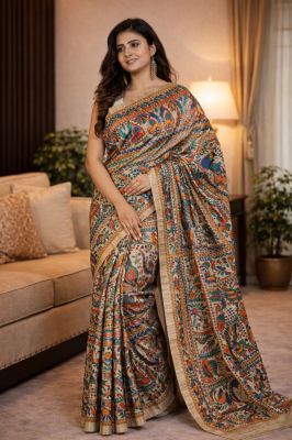 Handloom Organic Tussar Silk Madhubani Saree from Bhagalpur–Traditional Mithila Art Saree