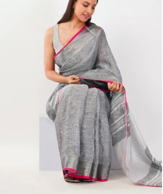 Gray Pure Handloom Tissue Linen Saree From Bihar