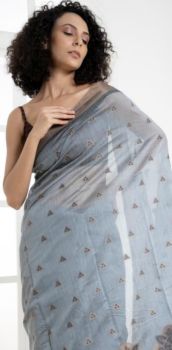 Oslo Grey Cotton Mercerise Booti Saree From Banarasi