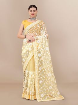 Light Yellow Flower Thread Work Soft Net Saree
