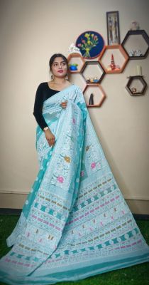 Light Sky Blue Pure Handloom Dhakai Jamdan Saree From Bengal