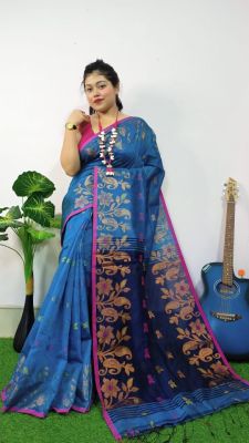 Sky Blue Pure Handloom Silk Cotton Saree From Bengal