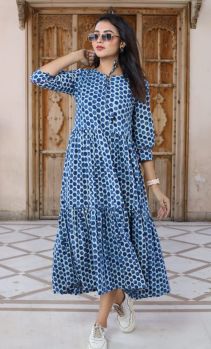 Blue Grey Bagru Hand Block Printed Cotton Frill One Piece From Rajasthan