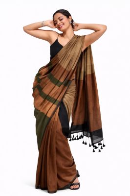Chocolate Brown Women's Hand Weaving Pure Cotton Saree From Bengal