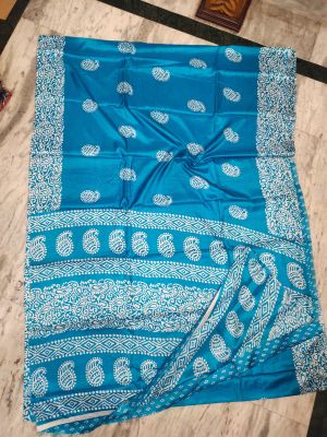 Auqa Blue Pure Handloom Maheshwari Silk Cotton Saree From Bengal