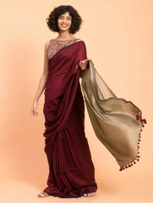 Wine Berry Pure Handloom Cotton Saree From Bengal