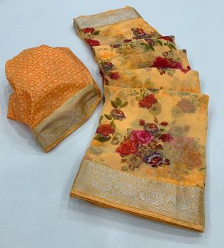 Yellow Georgette Flower Print Saree From Banaras