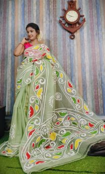Sea Green Hand Printed Pure Handloom Resham Kota Saree