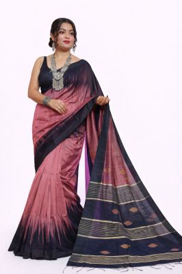 Pink Ikkat Silk Cotton Pure Handloom Saree From Bengal