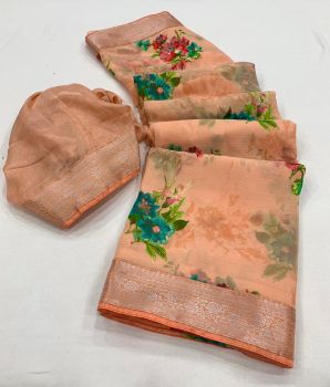 Light Brown Georgette Flower Print Saree From Banaras