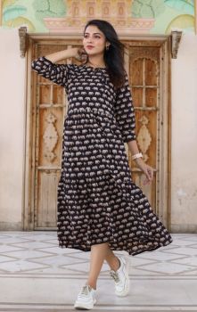 Black Bagru Hand Block Printed Cotton Frill One Piece From Rajasthan