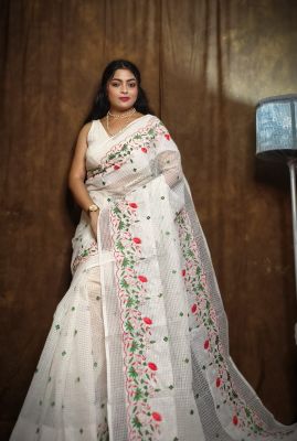 White Pure Handloom Resham Dhakai Jamdani Saree From Bengal