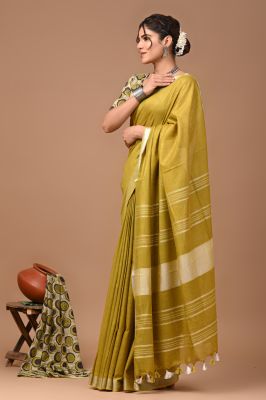 Mustard Yellow Pure Handloom Linen Cotton Saree From Bengal