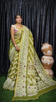Olive Green Pure Handloom Jamdani Saree From Bengal