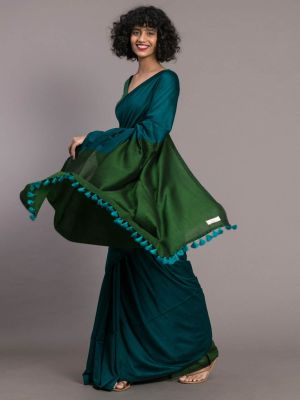 Teal Pure Handloom Cotton Saree From Bengal