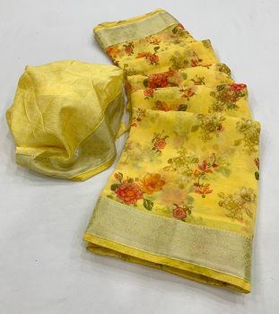 Saffron Yellow Georgette Flower Print Saree From Banaras